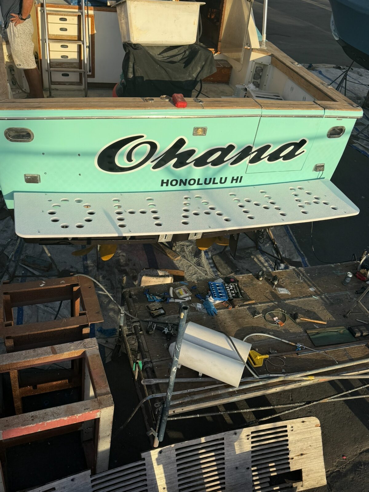 Boat transom and mechanical area during service work
