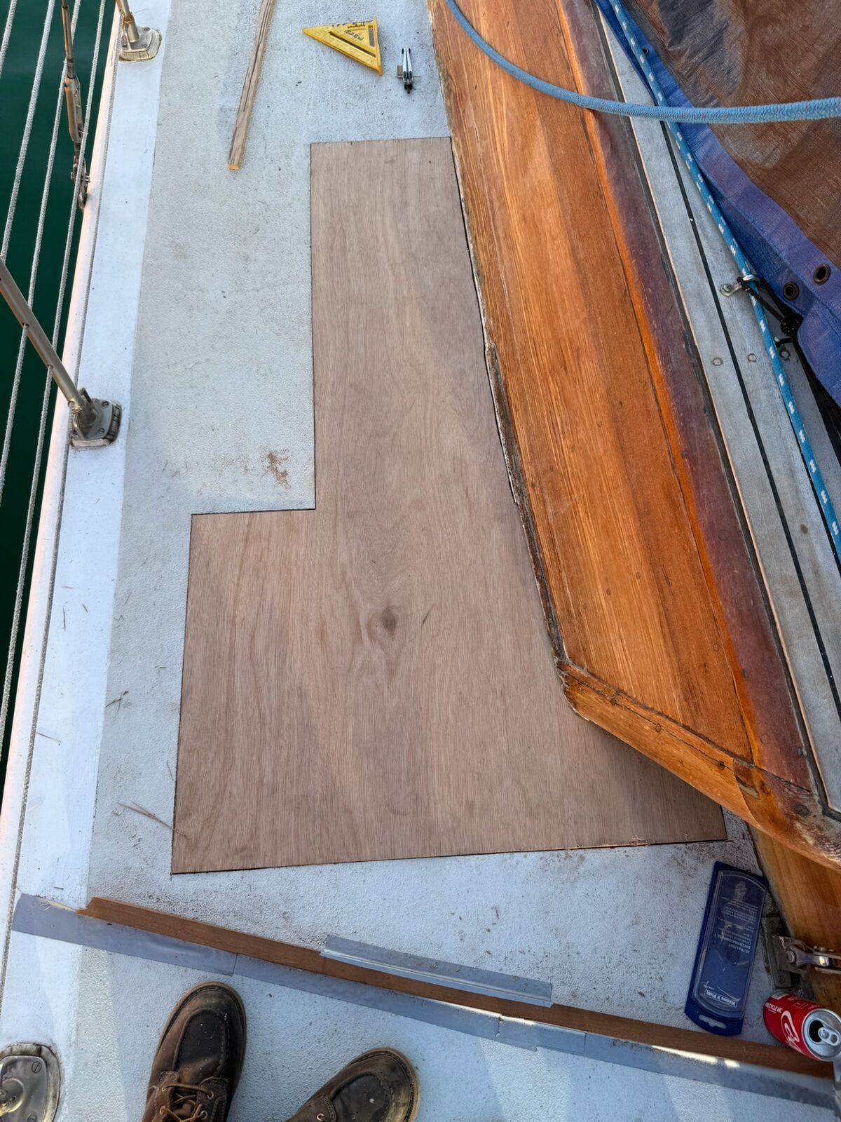Deck area with wood and fiberglass repair materials