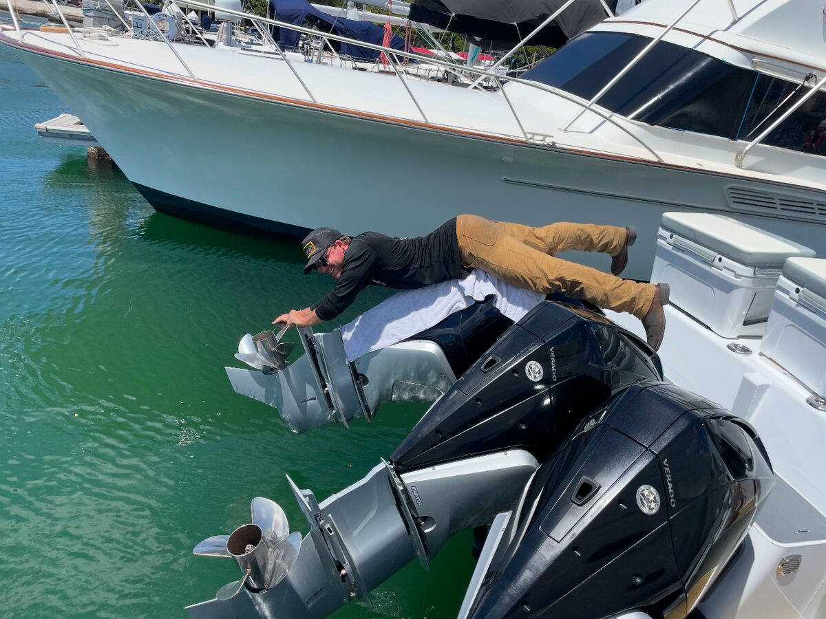 Outboard engines beside a boat at the dock