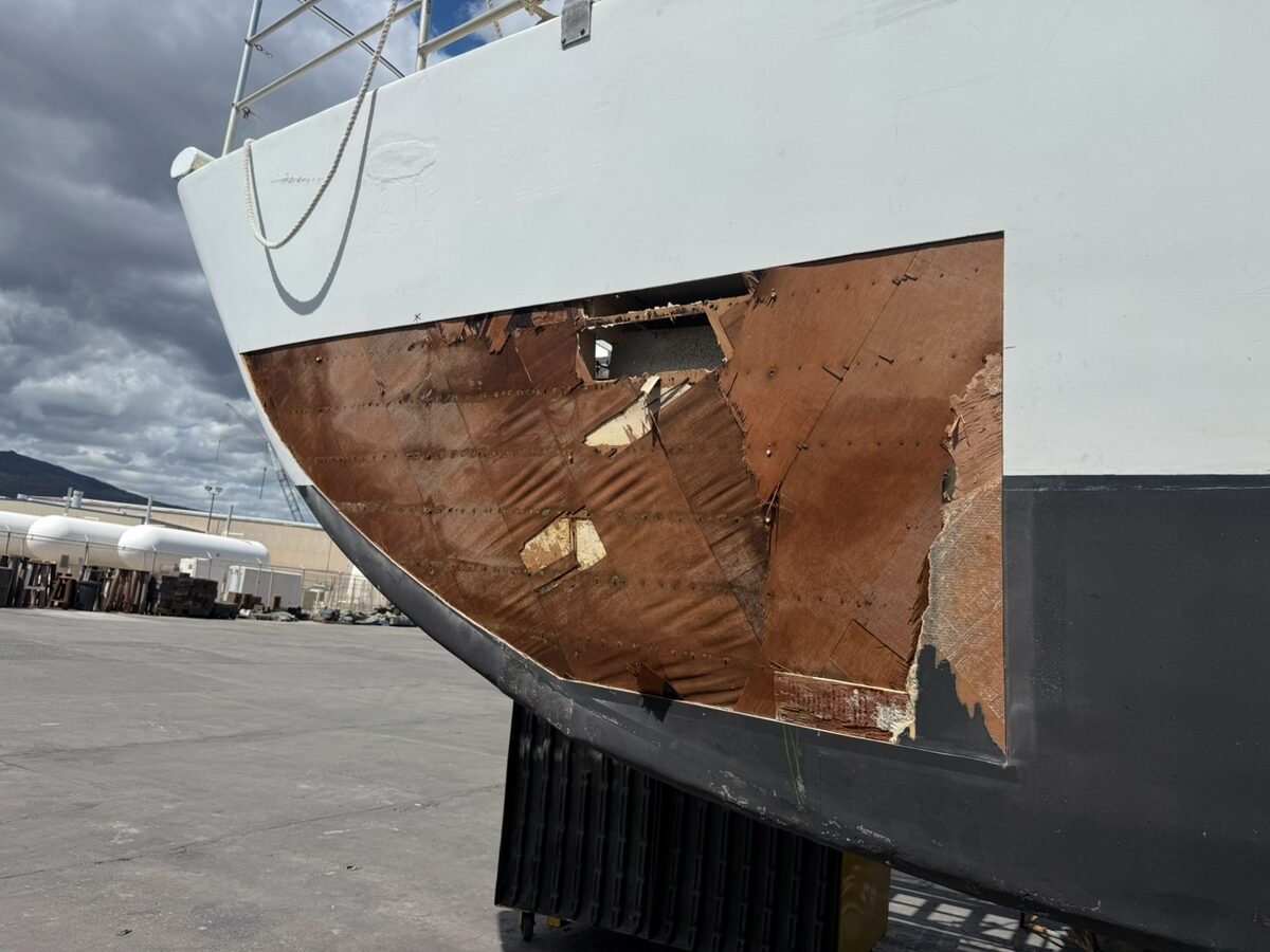 Hull repair area on the bow of a boat